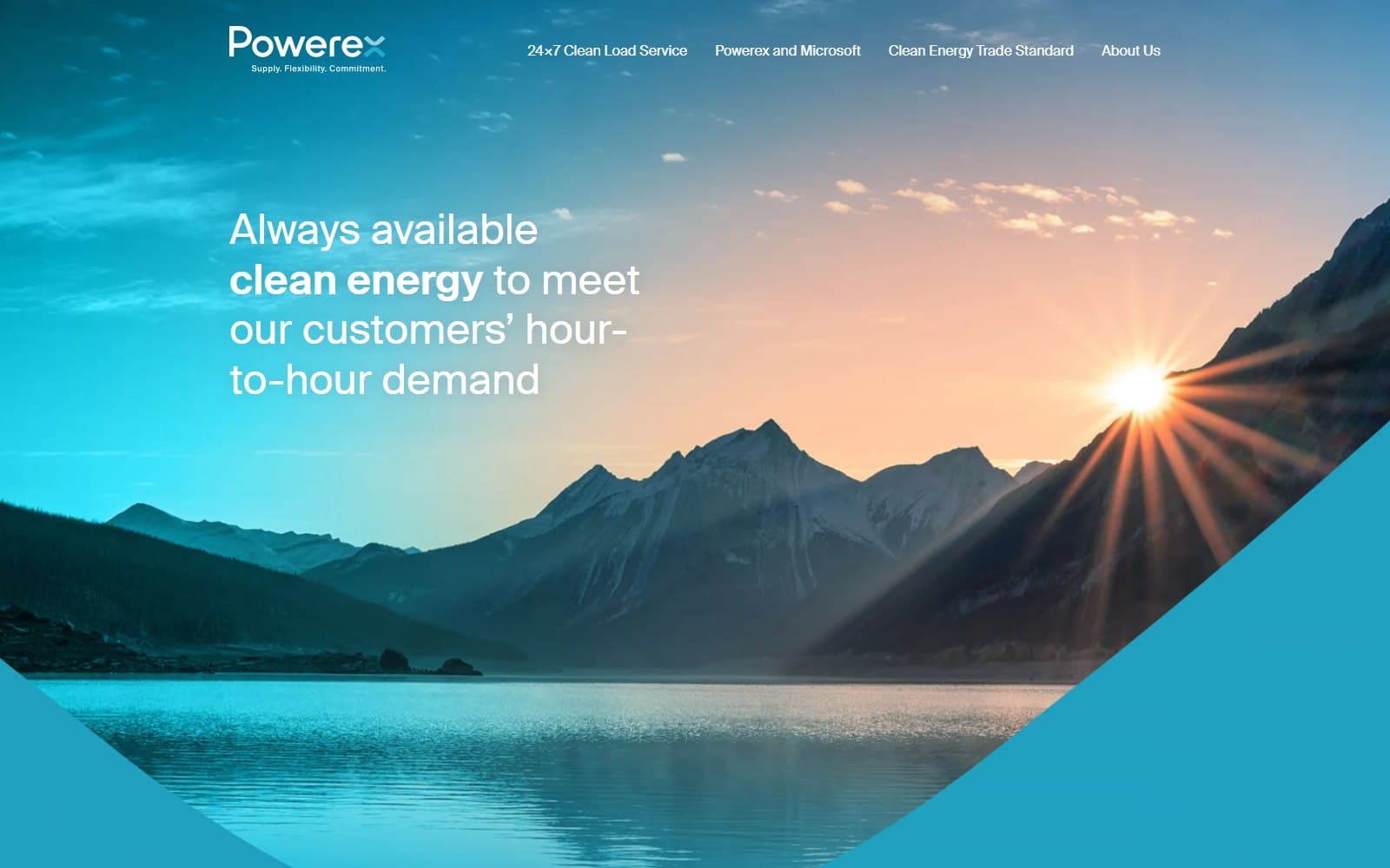 Powerex clean energy home page: a heading over a mountain lake at sunrise.