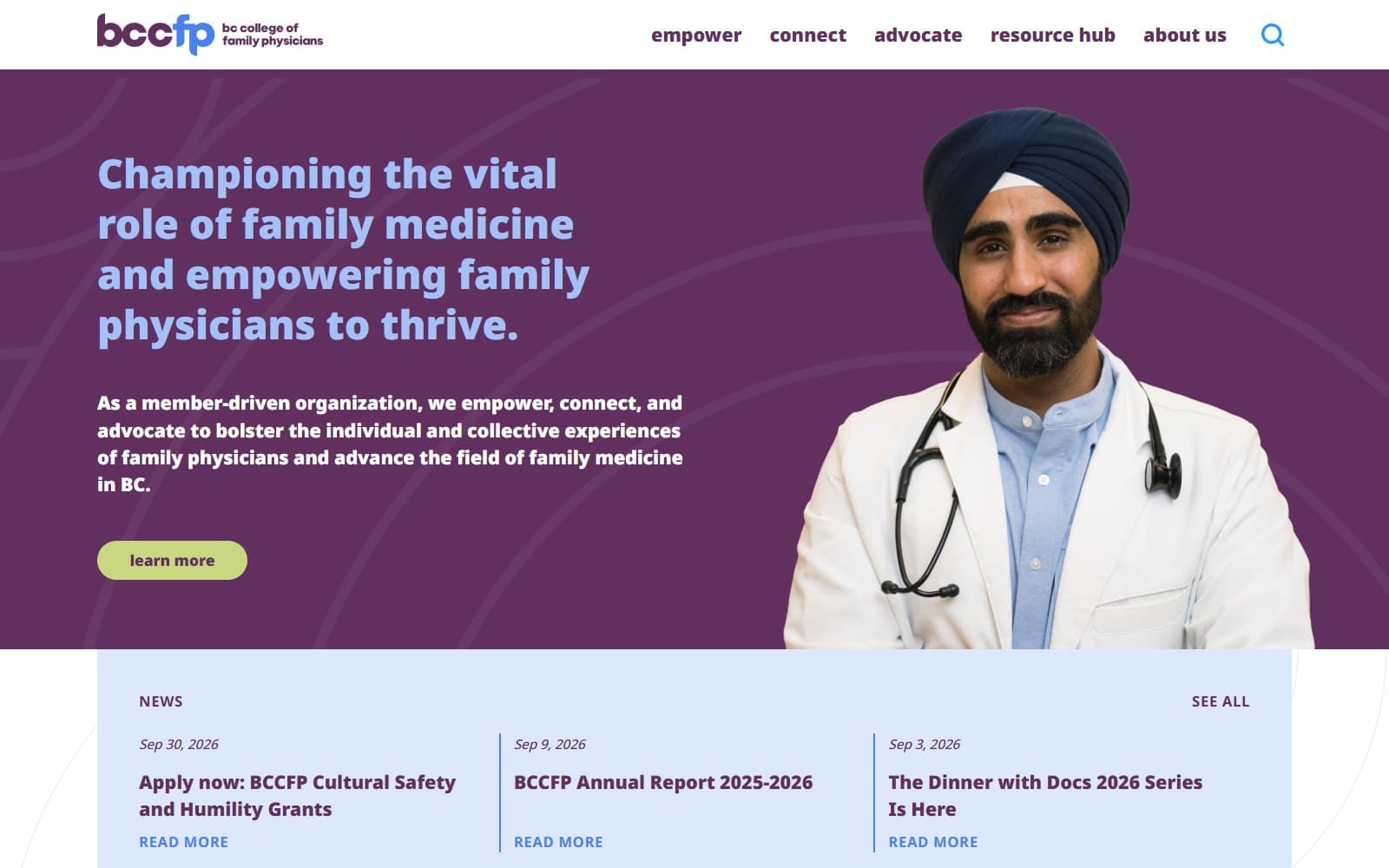 BC College of Family Physicians home page: a heading on a purple ground beside a portrait of a family physician.