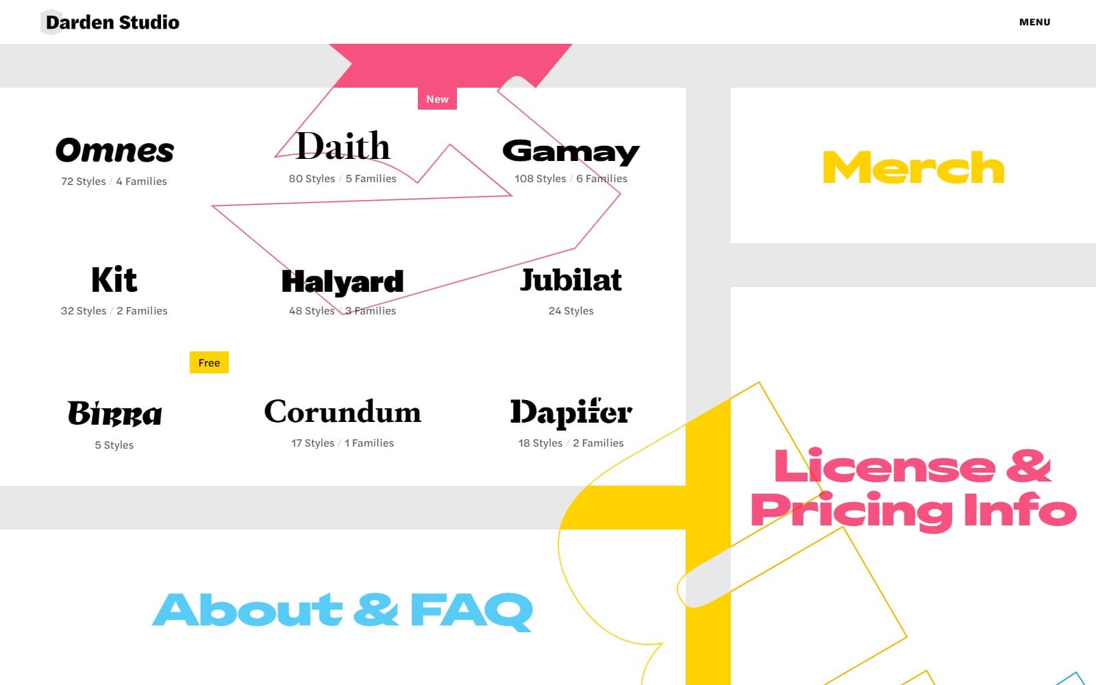 Darden Studio home page: a grid of typeface names, each set in its own face.