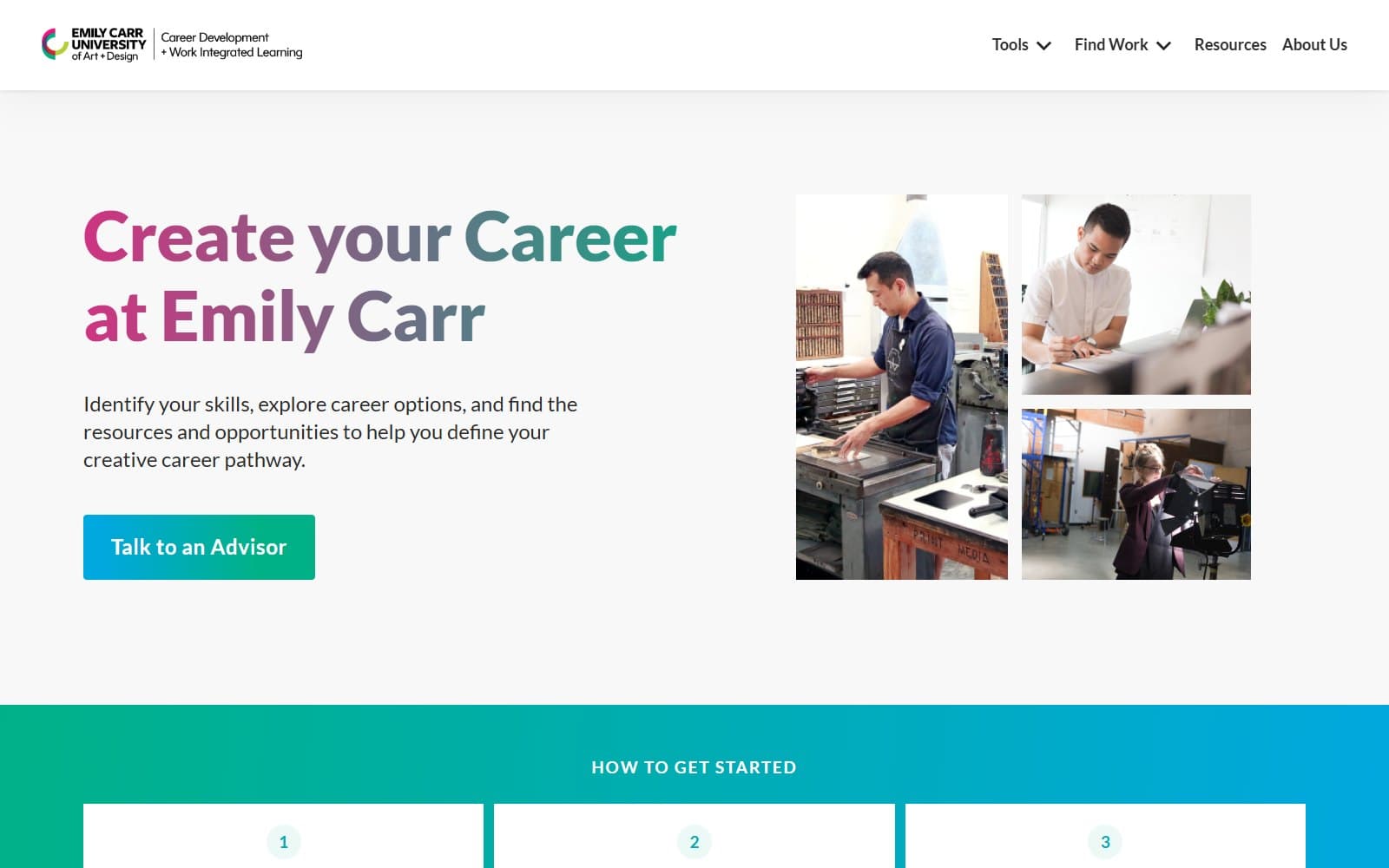 Creative Careers home page: the heading Create your Career at Emily Carr beside photographs of people at work in studios.