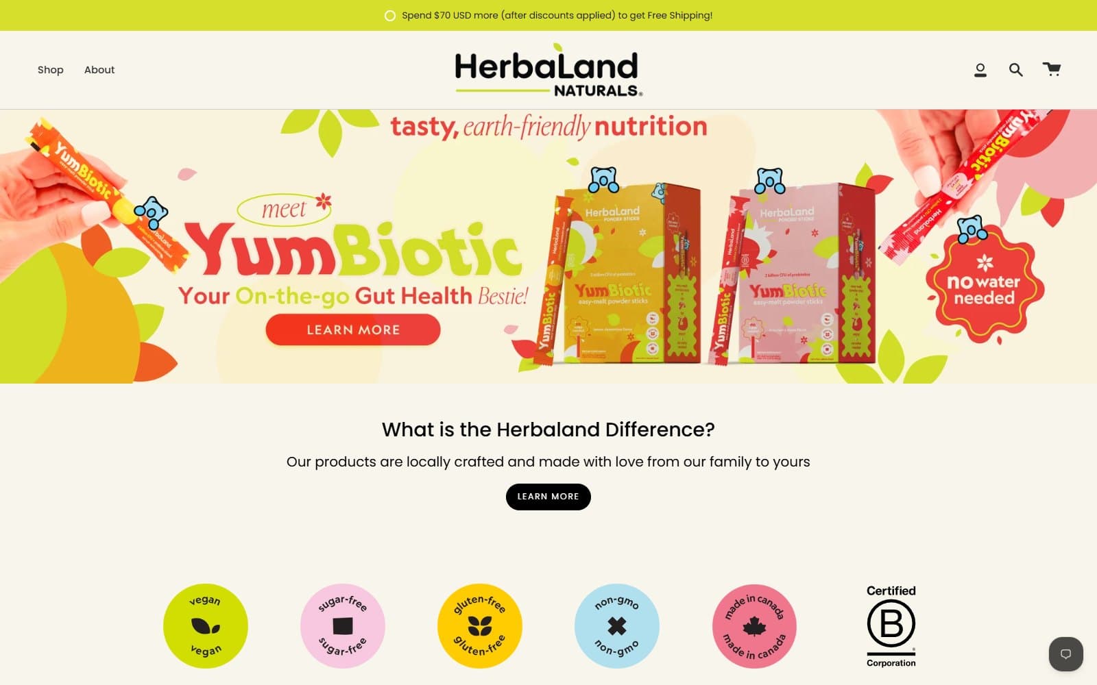 Herbaland home page: the logo above a banner of product boxes.