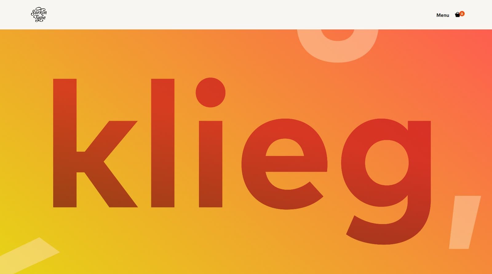 Sorkin Type home page: the word klieg set large in red on an orange and yellow gradient.