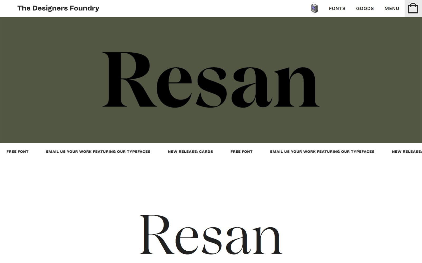 The Designers Foundry home page: the typeface name Resan set large on an olive panel.